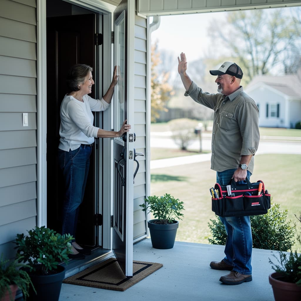 A homeowner greeting a technician at the door